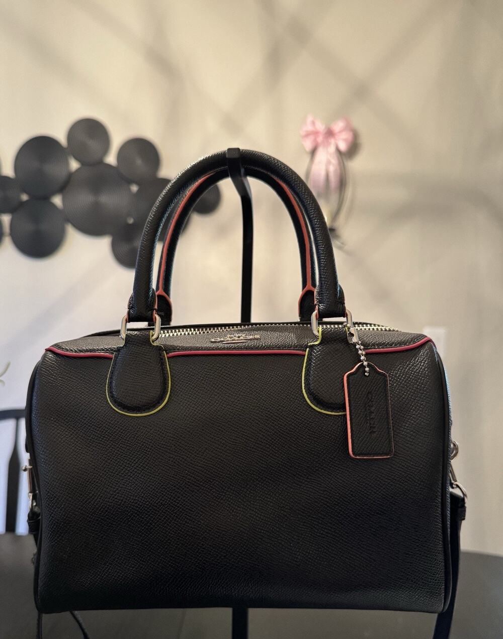 Coach Mini Bennett Satchel In Black Pebbled Leather With Neon Edge Paint
